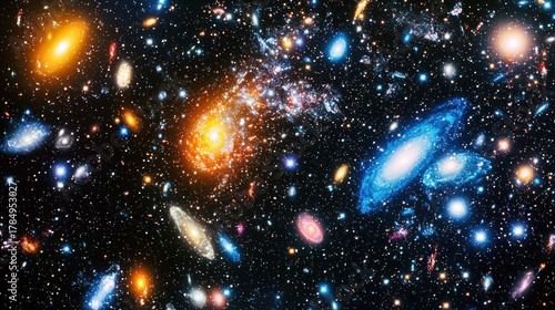 A vast array of galaxies and stars in space, with a mix of colors and sizes, set against a dark backdrop.