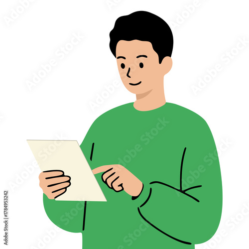 A man holds a sheet of A4 paper and touches it with his finger. The concept of paper communication technologies.