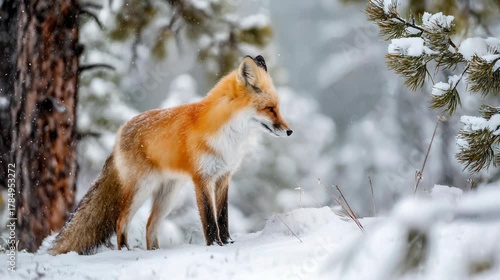 Red fox in a snowy forest clearing, capturing wildlife bonding with nature