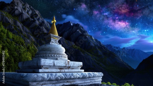 Wallpaper Mural Serene Buddhist Stupa Beneath Vibrant Night Sky with Stars and Mountains in Background Torontodigital.ca