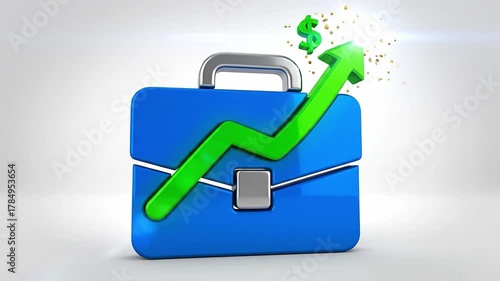 3D business briefcase with a green arrow rising upwards showing increasing growth success and profit