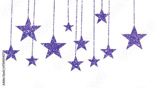 Shimmering purple glitter stars hanging, decorative element for festive designs and events.