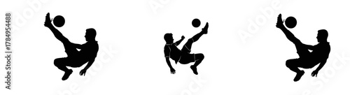 Dynamic silhouette of a soccer player performing a bicycle kick, showing athletic skill and fitness, perfect for sports branding and editorial use