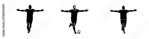 Dynamic soccer player silhouette set striking poses during a football match, perfect for sports branding, team logos, and athletic designs