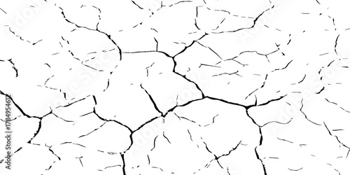 Black and white cracked dry earth texture background, drought soil surface pattern, broken ground parched land detail, climate change environmental disaster abstract nature illustration for design use