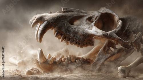 Dinosaur skull fossil buried in the sandy desert with dust and particles flying