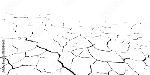 Black and white cracked dry earth texture background, drought soil surface pattern, broken ground parched land detail, climate change environmental disaster abstract nature illustration for design use