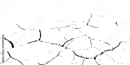 Black and white cracked dry earth texture background, drought soil surface pattern, broken ground parched land detail, climate change environmental disaster abstract nature illustration for design use