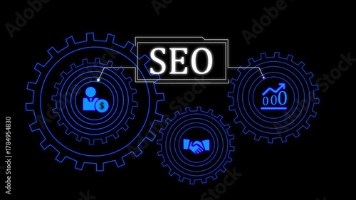 SEO concept with glowing blue gears and business icons on dark background search engine optimization.4k animation video.