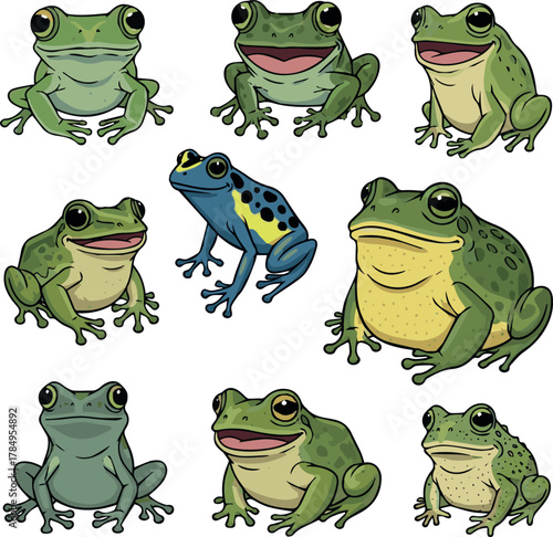 Isolated kinds of frog smile hand drawn on white Background.