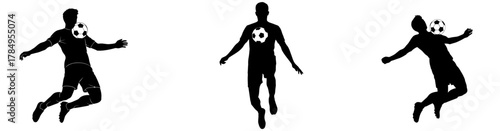 Dynamic soccer players in silhouette striking powerful poses with football action for sports teams and graphic design projects, football celebration