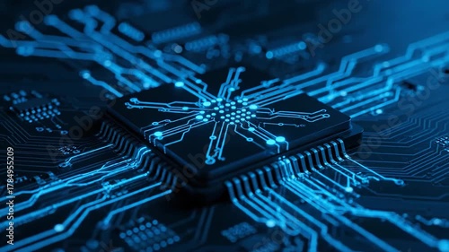 Closeup of a computer chip with glowing blue circuits symbolizing advanced technology and digital innovation.