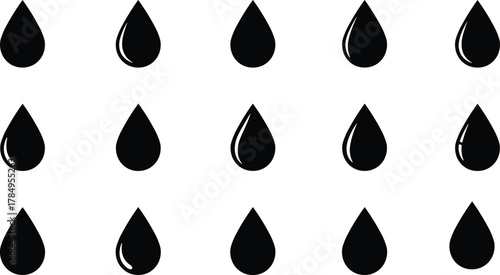 Water droplet icons, black silhouette, liquid shapes, glossy drops, reflection highlights, vector grid, fluid symbols, graphic elements, drip pattern, comparison set