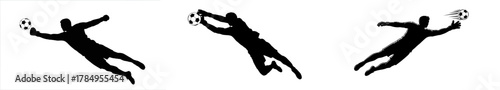 Dynamic soccer goalie silhouettes leaping to block the ball, perfect for sports branding, energetic designs and athletic themes, powerful action shots