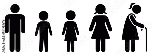 Family generation minimal silhouette vector design featuring male, female, and elderly figures in flat black pictogram style, clean simple icon illustration for demographic and social themes