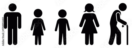 Generational family silhouette vector icons representing man, woman, child, and senior in minimalist pictogram design, clean and simple concept illustration for social and demographic themes