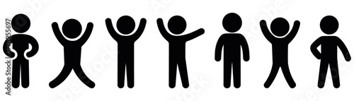 Minimal human figure gesture silhouette vector set with simple stickman body language poses, expressing happiness, success, and motivation in modern flat pictogram design for creative projects