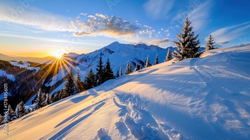 Majestic Mountain Landscape at Sunrise with Snow-Covered Terrain and Evergreen Trees in the Alpine Region