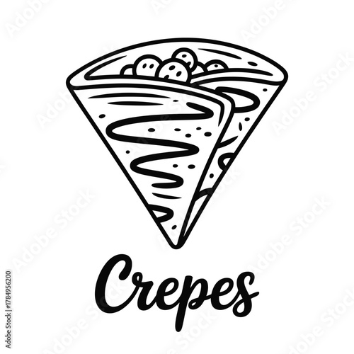 Hand drawn illustration of a delicious crepe filled with berries and drizzled with chocolate