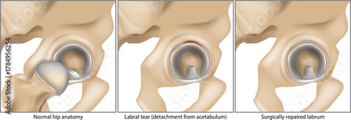 Detailed medical illustration showing the stages of hip labral injury and repair. Labrum reattached to acetabulum, Surgically repaired labrum, Labral tear