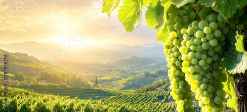 White wine grape vines in summer on hilly agricultural landscape near winery at wine road, Styria, Austria