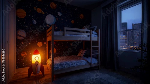 Cozy children’s bedroom with glowing rocket nightlight, space-themed wall art, bunk bed, and peaceful city skyline visible through the window at dusk
