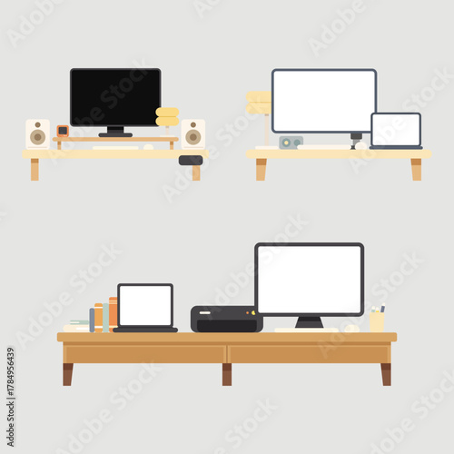 Flat design illustration of modern computer desk setup. Minimal and clean vector design for office, home workspace, technology, or productivity concept.
