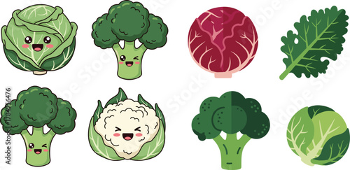 Cute Kawaii Brassica Vegetables Flat Vector Set