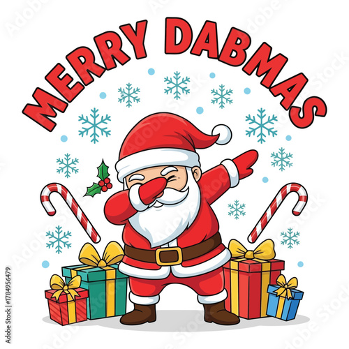 Santa dabbing with snowflakes, candy canes, and gifts with Merry Dabmas playful bold typography in modern cartoon vector design