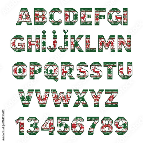 Pixel-art alphabet and numbers in cozy Christmas sweater style with geometric knit patterns in green, red, and white vector design