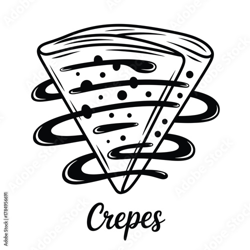 Hand drawn illustration of a delicious sweet crepe with chocolate drizzle and powdered sugar