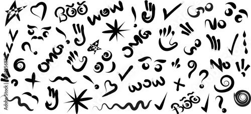 Hand Drawn Brush Stroke Doodle Element Set — Black Grunge Vector, Ink, Sketch, Comic, Emotion, OMG, Wow, Check Mark, Star, Swirl, Scribble