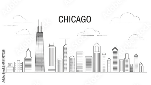 Outline Illustration of Chicago Skyline with Clouds city architecture