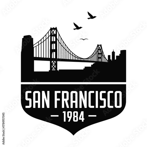 San Francisco Skyline Silhouette with Golden Gate Bridge and Birds California city