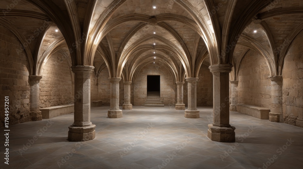 Naklejka premium Mysterious gothic underground crypt with arched columns for historical architecture and ancient design inspiration