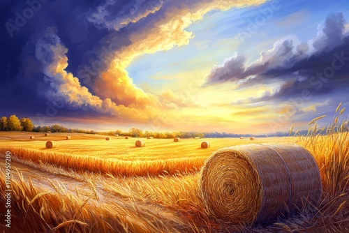 Sun setting over freshly stacked bales of hay