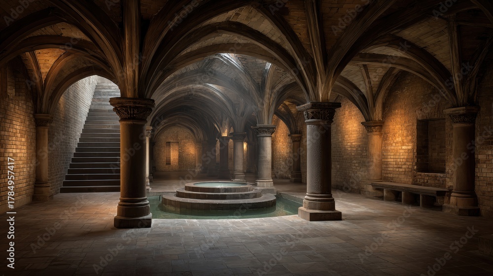 Fototapeta premium Mysterious gothic crypt with arched ceilings and central water fountain perfect for historical and architecture design