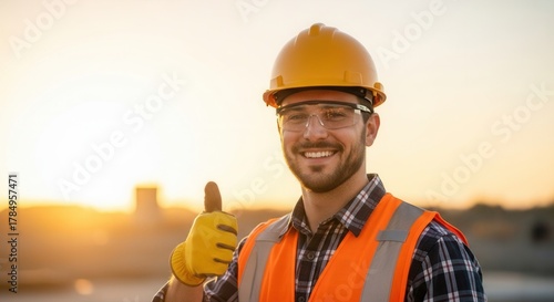 A cheerful construction worker in safety gear gives a thumbs up at sunset. The scene conveys positivity and safety in the construction industry.