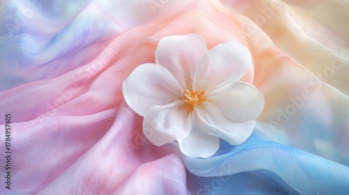 Watercolor pastel-colored fabric with a white flower