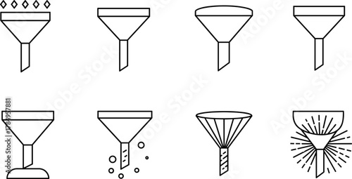 Data funnel icon collection, process filter symbol, business analytics flow, digital marketing conversion concept, information management illustration, outline vector design