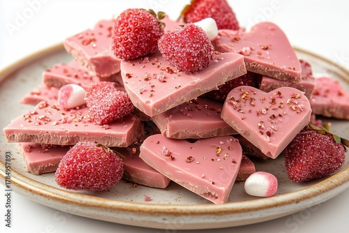 Strawberry pink chocolate bars in heart shape with berries on plate, sweet dessert concept.