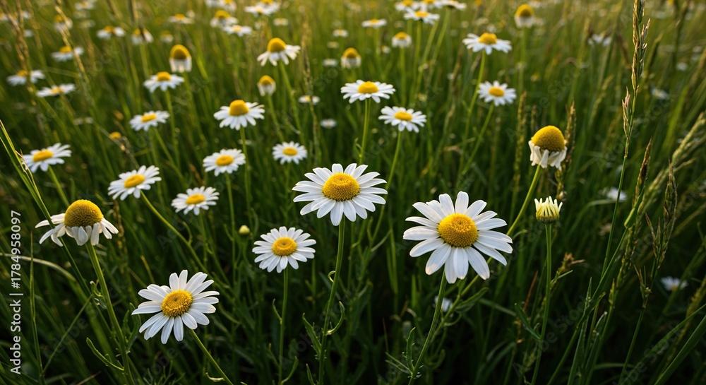 Fototapeta premium Gentle camomile blossoms blanket a sun-drenched meadow, evoking the serene and peaceful essence of a perfect summer day ,beautiful ,field ,outdoors