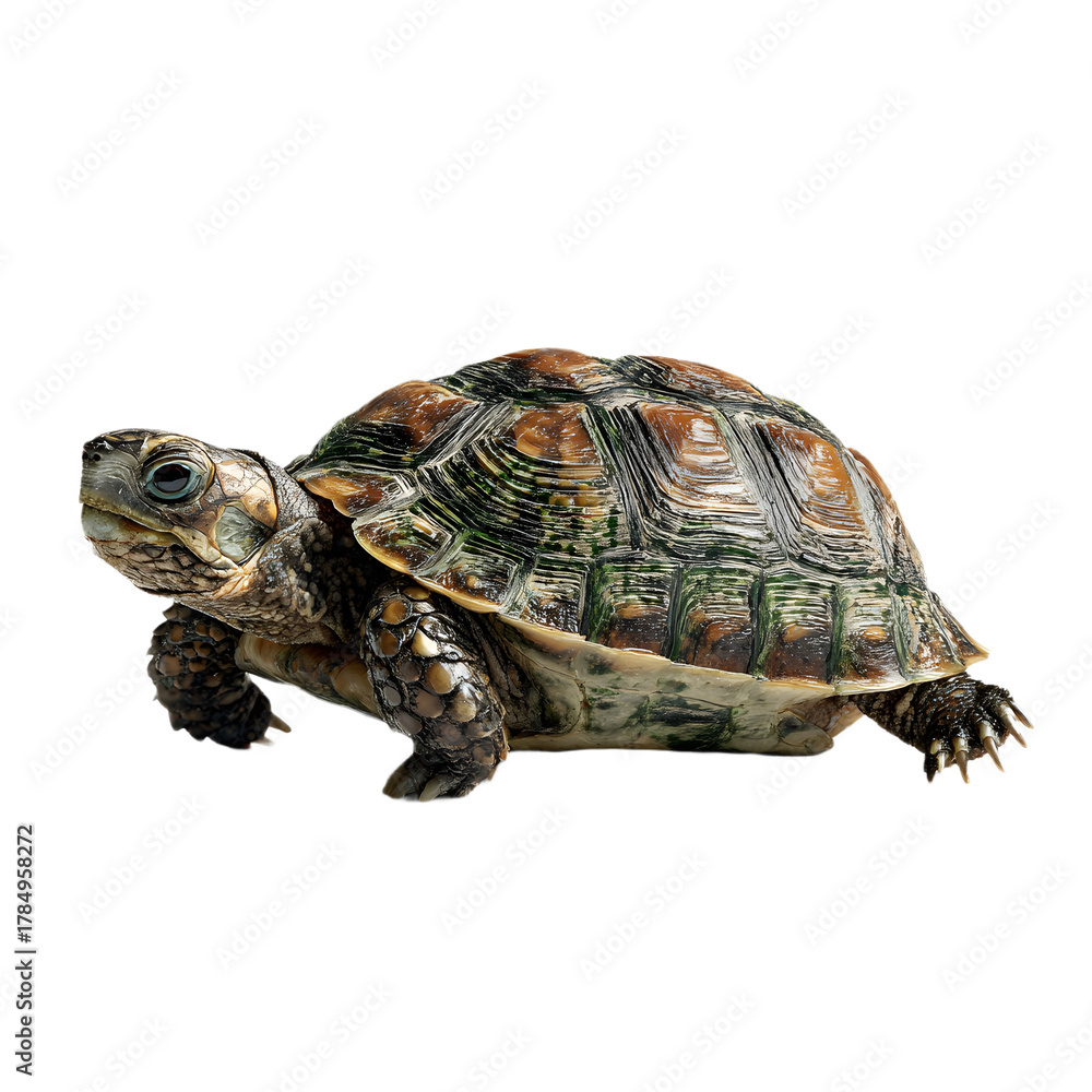 Fototapeta premium View of an Adorable Baby Tortoise Crawling on White Background