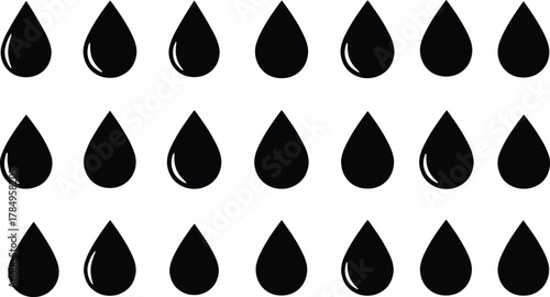 Water droplet icons, black silhouette, liquid shapes, glossy drops, reflection highlights, vector grid, fluid symbols, graphic elements, drip pattern, visual comparison