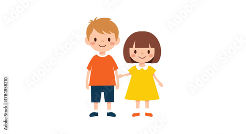 Two happy cartoon children holding hands together in a friendly gesture.