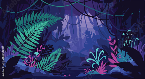 Vibrant pixel art depicting a lush jungle at twilight with glowing flora and hanging vines.