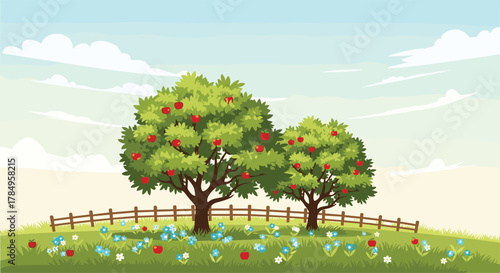 Two apple trees laden with ripe red fruit stand on a grassy hill beneath a blue sky with fluffy clouds.