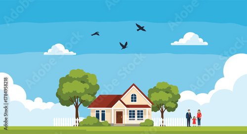 A picturesque family home surrounded by lush green trees and a bright blue sky with fluffy white clouds and birds flying overhead.