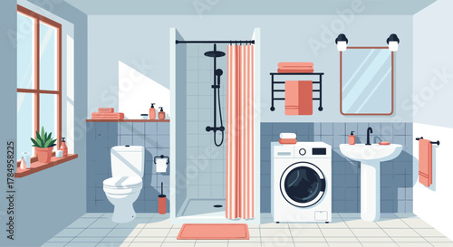 A clean and modern bathroom with a walk-in shower and washing machine.