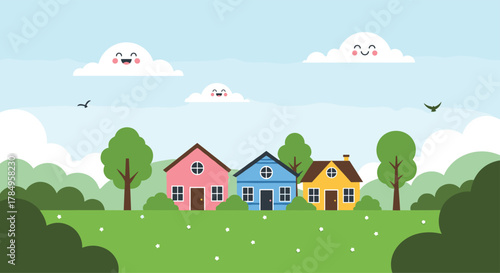 A charming pixelated village scene with three colorful houses nestled amongst lush greenery and cheerful clouds in the sky.